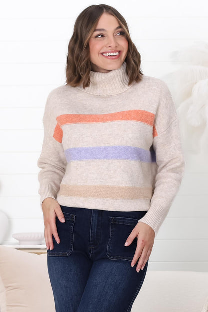 Rhea Jumper - Turtle Neck Stripe Pull Over Jumper with Multicoloured Stripes in Oat Marle