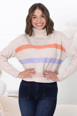 Rhea Jumper - Turtle Neck Stripe Pull Over Jumper with Multicoloured Stripes in Oat Marle