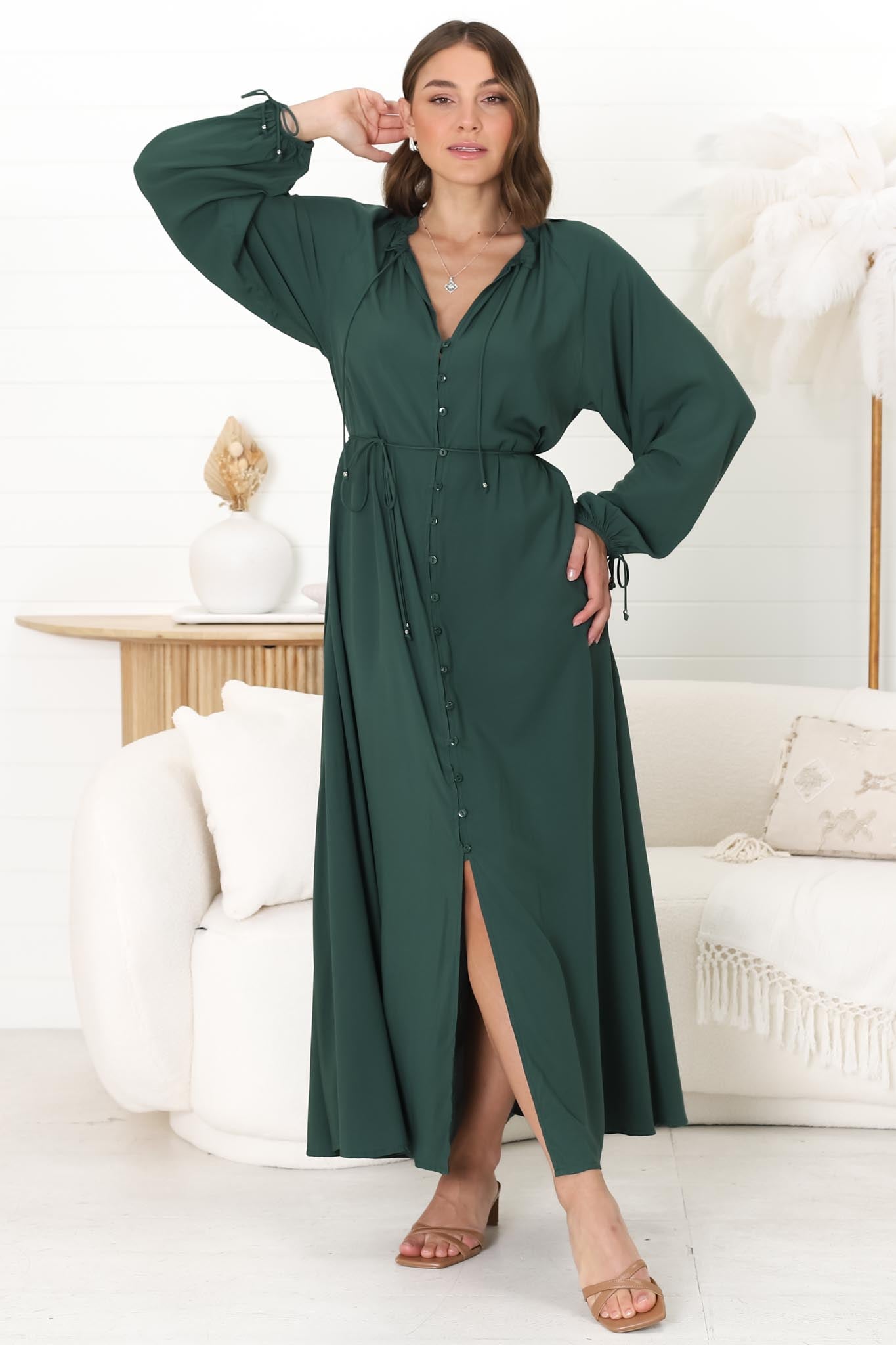 Amelie Maxi Dress - Frill Collar Button Through Dress with Waist Tie in Emerald