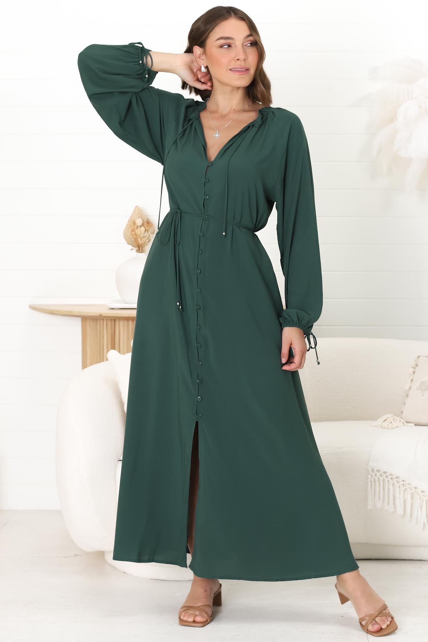 Amelie Maxi Dress - Frill Collar Button Through Dress with Waist Tie in Emerald