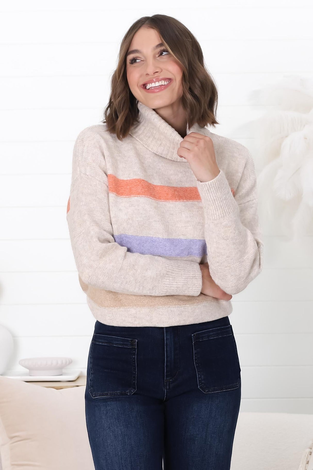 Rhea Jumper - Turtle Neck Stripe Pull Over Jumper with Multicoloured Stripes in Oat Marle