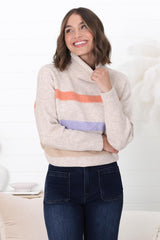 Rhea Jumper - Turtle Neck Stripe Pull Over Jumper with Multicoloured Stripes in Oat Marle