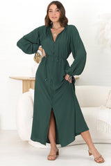 Amelie Maxi Dress - Frill Collar Button Through Dress with Waist Tie in Emerald