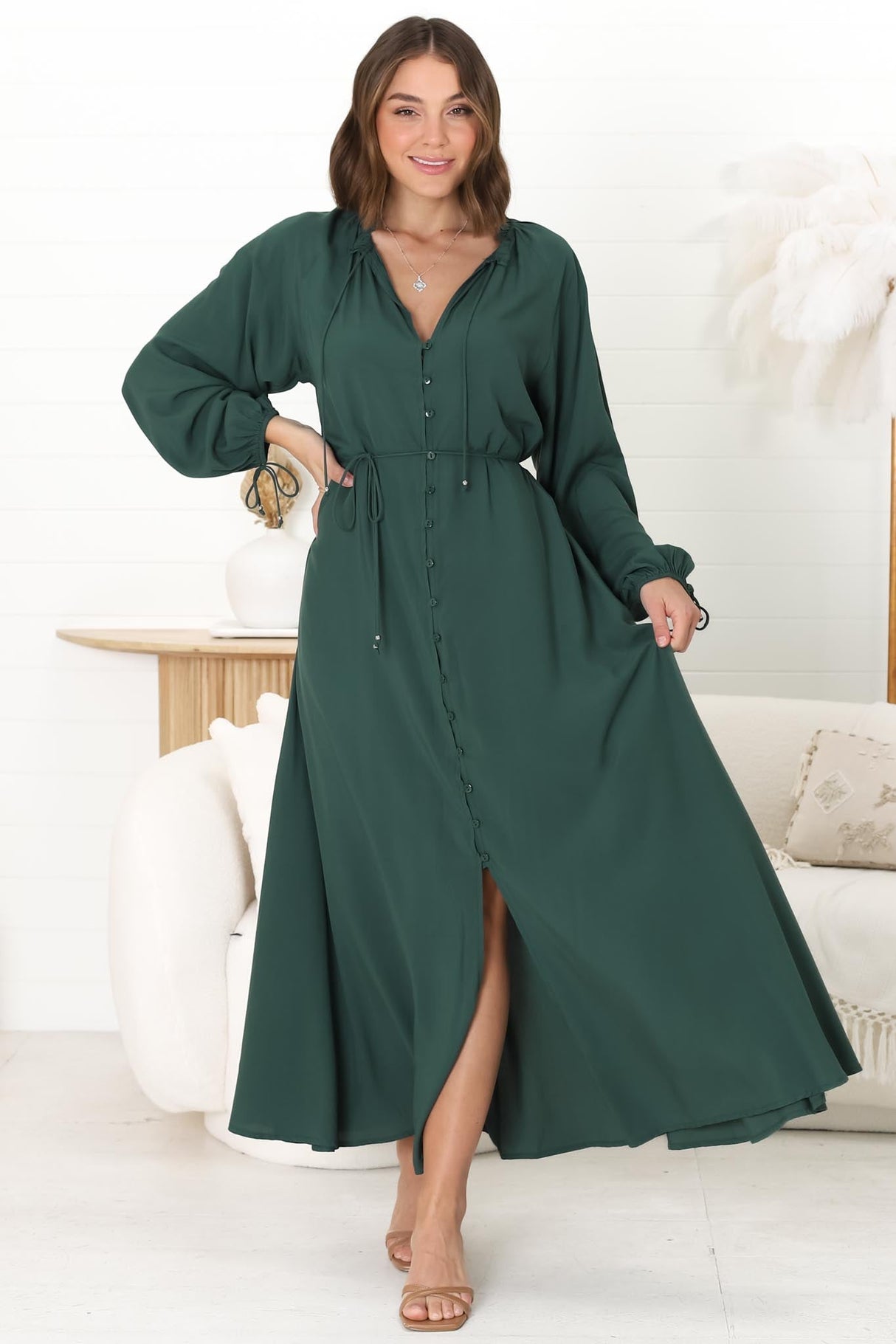 Amelie Maxi Dress - Frill Collar Button Through Dress with Waist Tie in Emerald