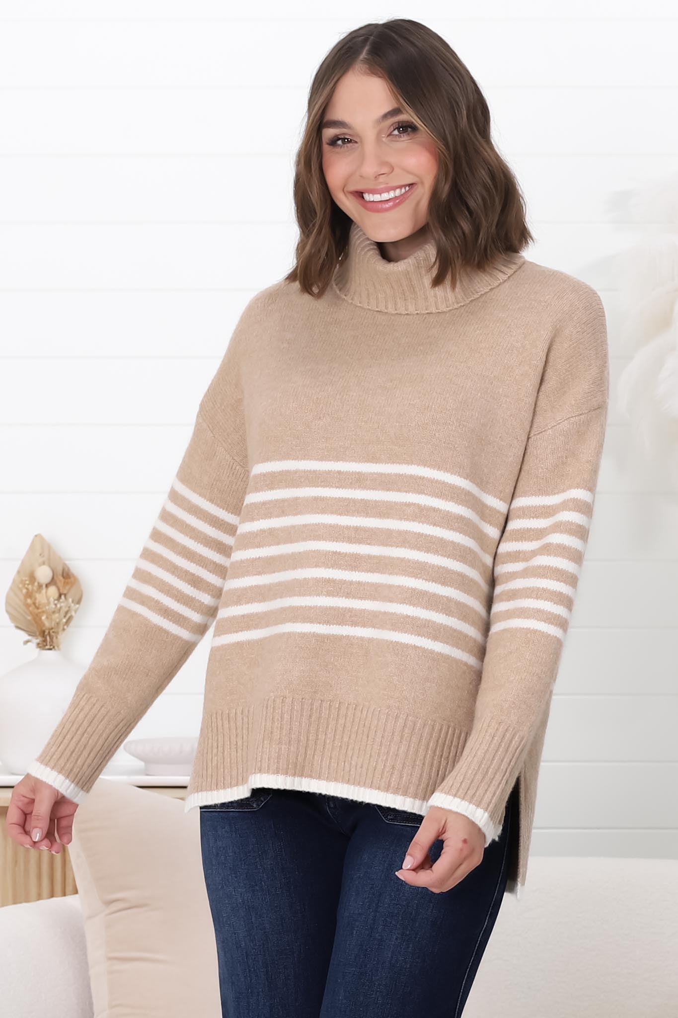 Emmett Jumper - Turtle Neck Stripe Pull Over Jumper with Stripes in Camel