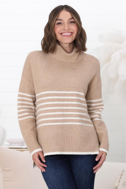 Emmett Jumper - Turtle Neck Stripe Pull Over Jumper with Stripes in Camel