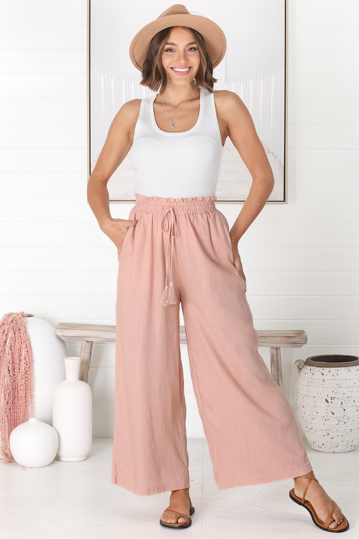 Levelle Pants - Linen Blend Paperpag Waist with Drawstring Wide Leg Pants with Pockets in Blush