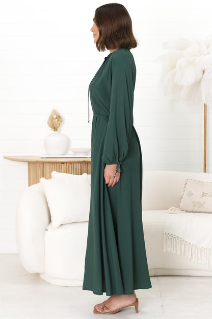 Amelie Maxi Dress - Frill Collar Button Through Dress with Waist Tie in Emerald