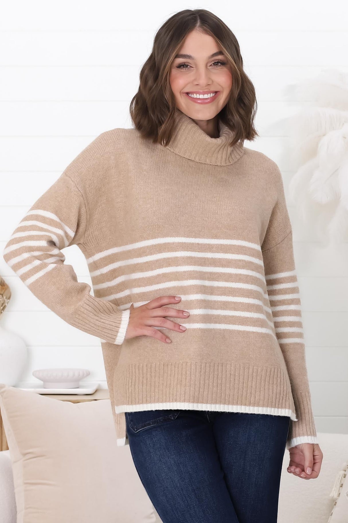 Emmett Jumper - Turtle Neck Stripe Pull Over Jumper with Stripes in Camel