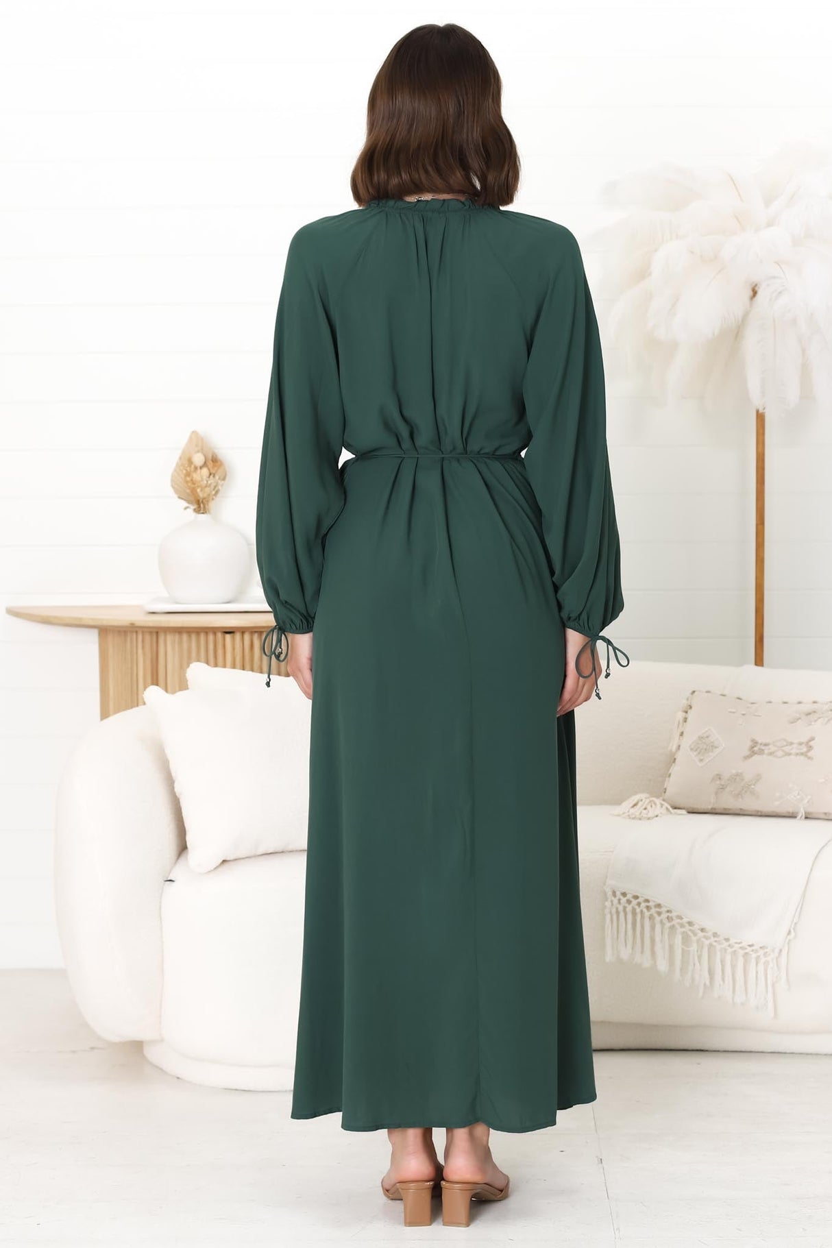 Amelie Maxi Dress - Frill Collar Button Through Dress with Waist Tie in Emerald