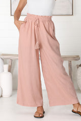 Levelle Pants - Linen Blend Paper Bag Waist with Drawstring Wide Leg Pants with Pockets in Blush