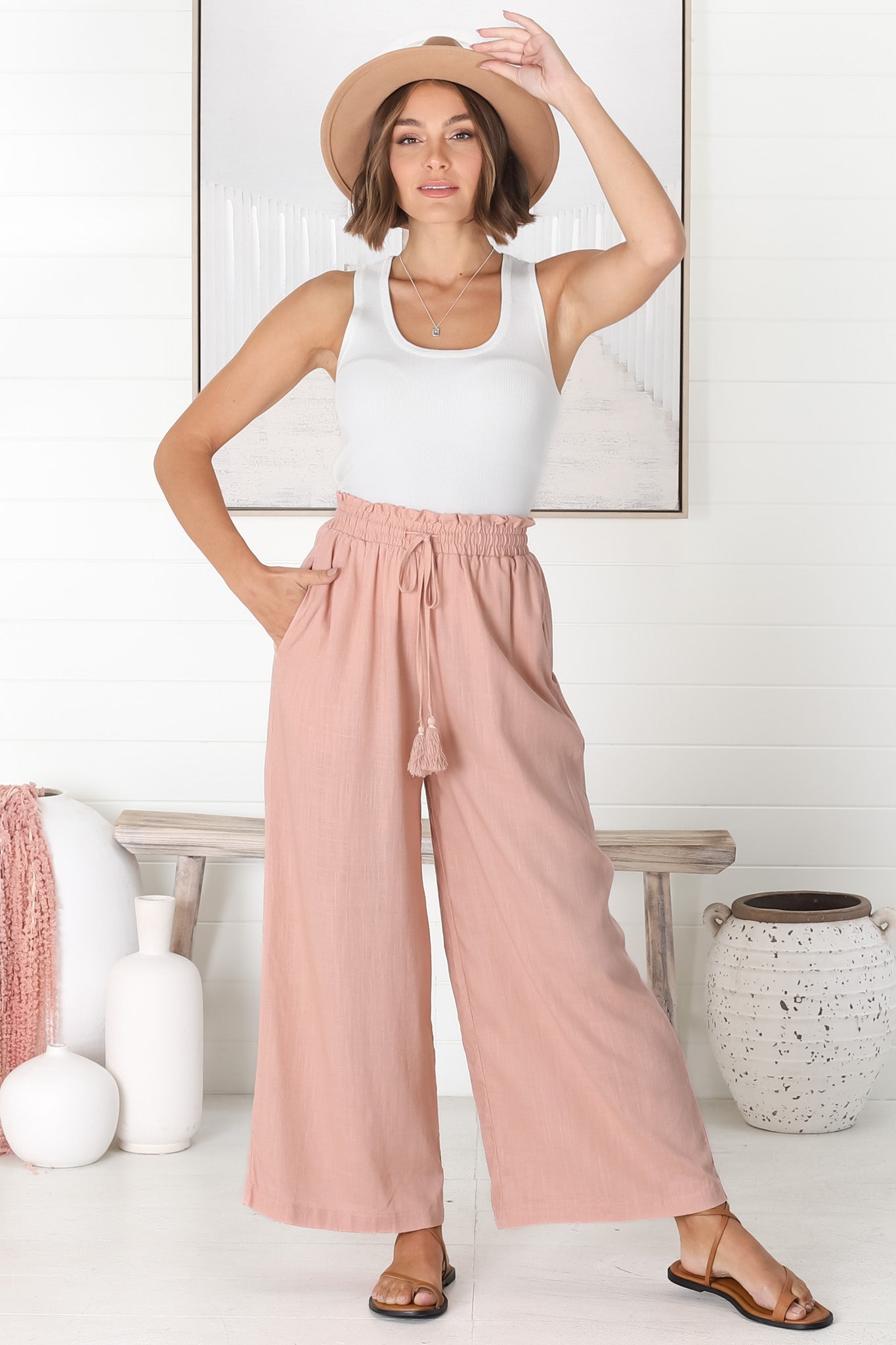 Levelle Pants - Linen Blend Paperpag Waist with Drawstring Wide Leg Pants with Pockets in Blush