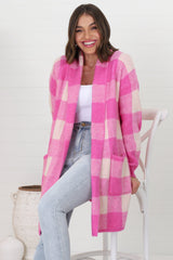 Adelen Cardigan - Folded Center Front Checkered Cardigan in Pink