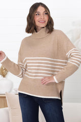 Emmett Jumper - Turtle Neck Stripe Pull Over Jumper with Stripes in Camel