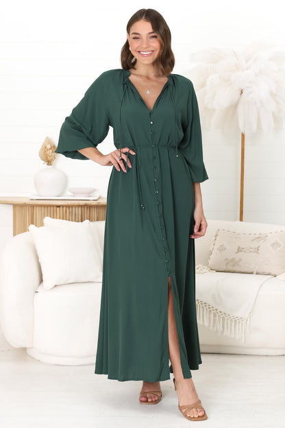 Amelie Maxi Dress - Frill Collar Button Through Dress with Waist Tie in Emerald