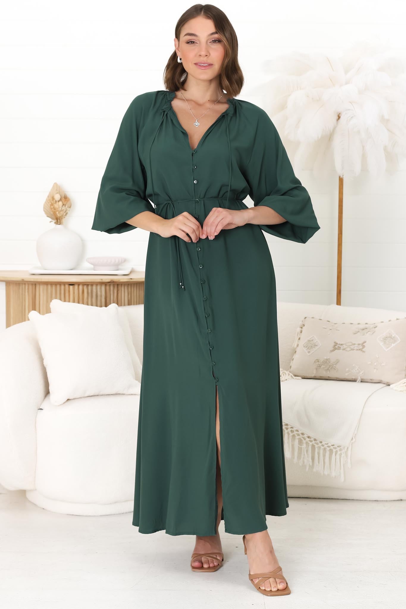 Amelie Maxi Dress - Frill Collar Button Through Dress with Waist Tie in Emerald