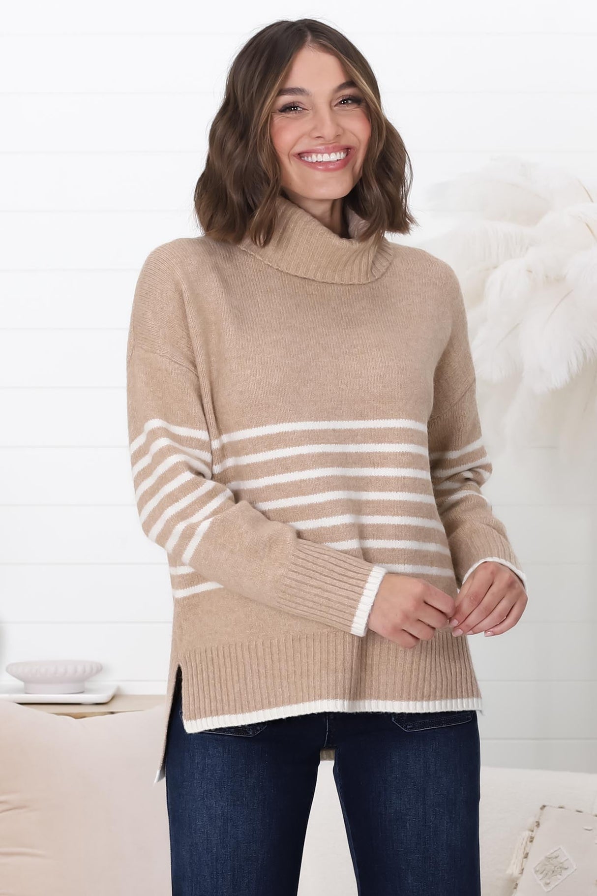 Emmett Jumper - Turtle Neck Stripe Pull Over Jumper with Stripes in Camel