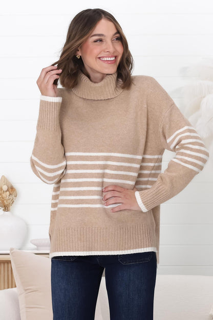 Emmett Jumper - Turtle Neck Stripe Pull Over Jumper with Stripes in Camel