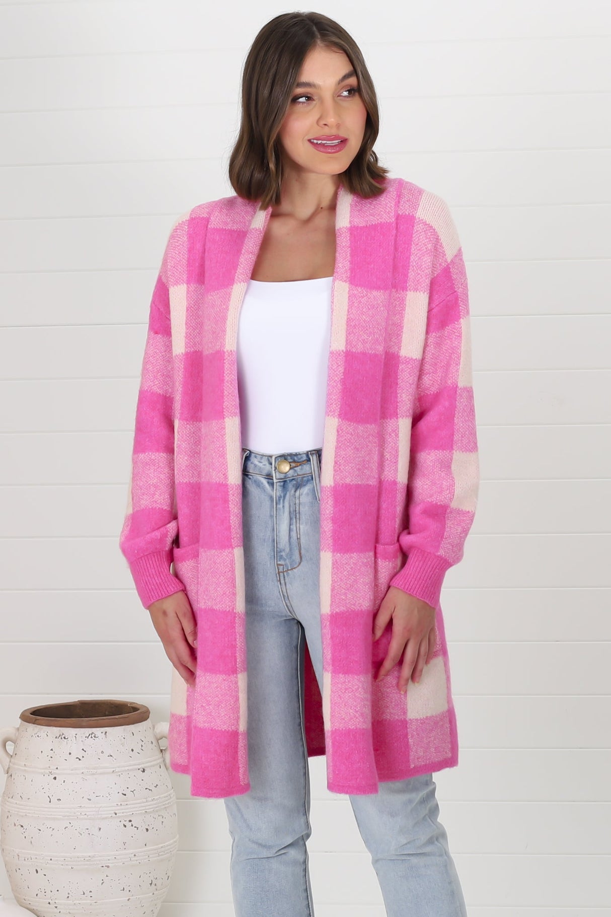 Adelen Cardigan - Folded Center Front Checkered Cardigan in Pink