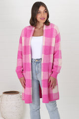 Adelen Cardigan - Folded Center Front Checkered Cardigan in Pink