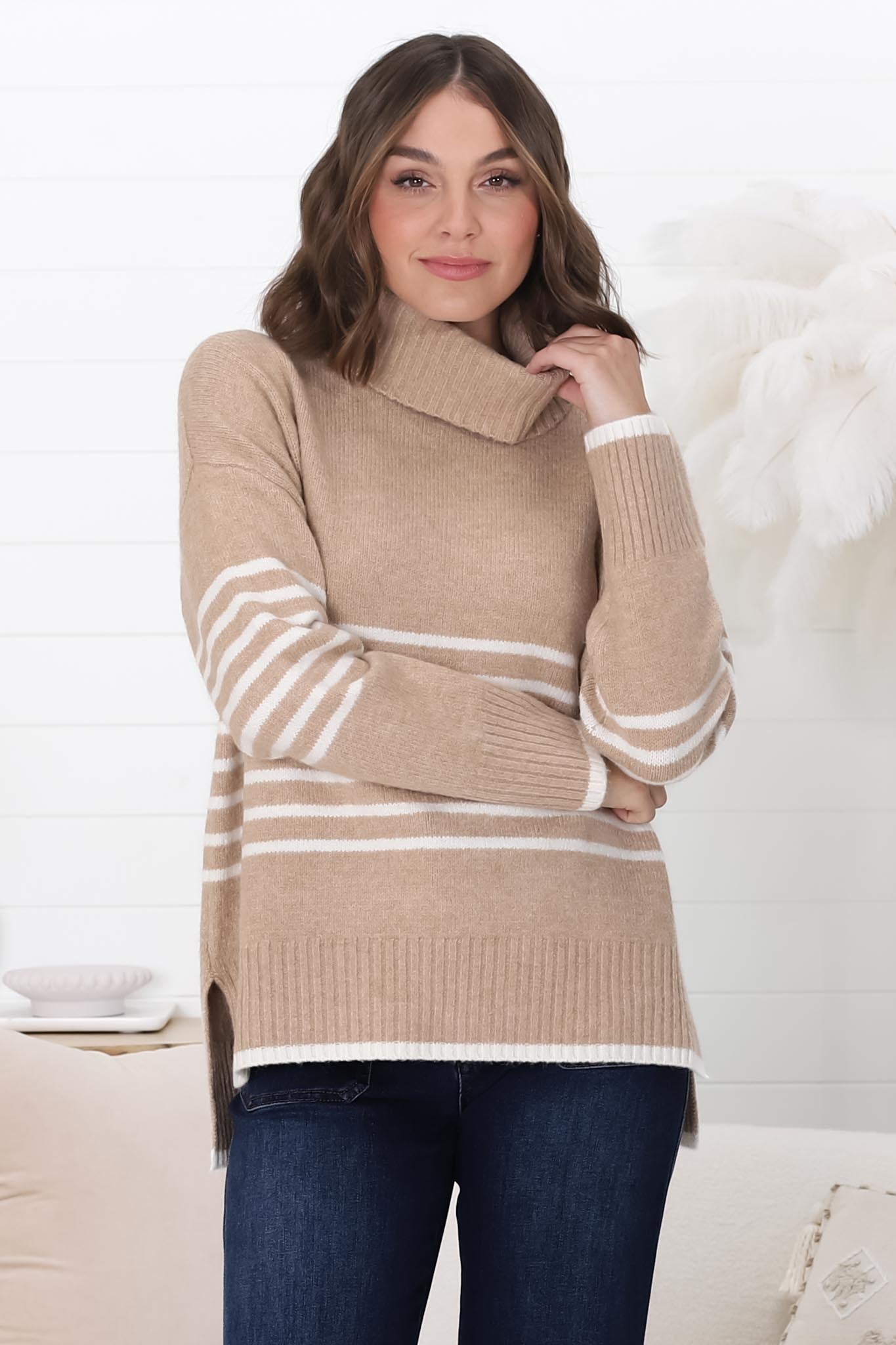 Emmett Jumper - Turtle Neck Stripe Pull Over Jumper with Stripes in Camel