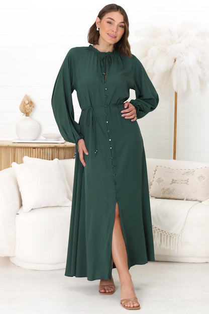 Amelie Maxi Dress - Frill Collar Button Through Dress with Waist Tie in Emerald