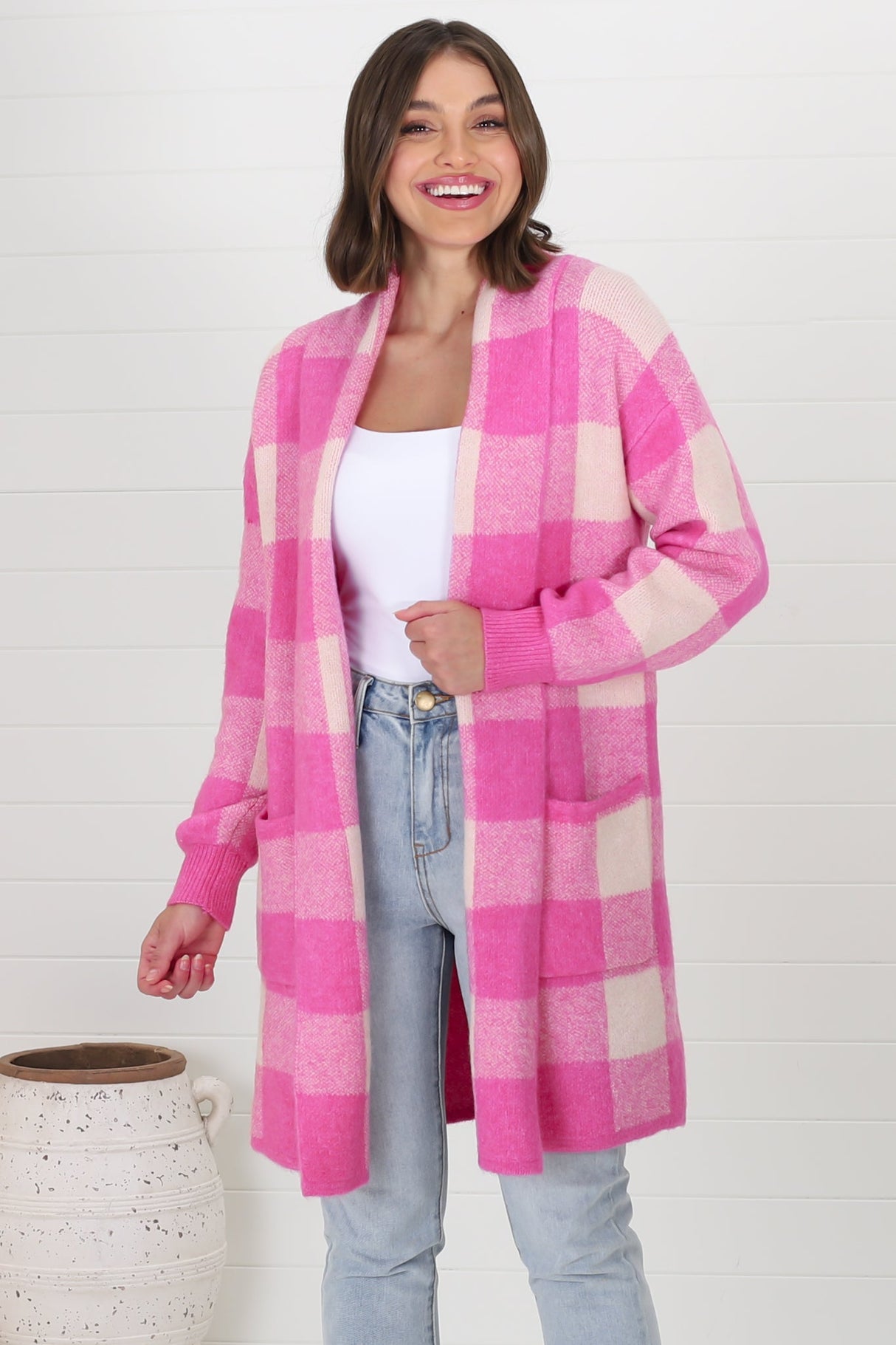 Adelen Cardigan - Folded Center Front Checkered Cardigan in Pink