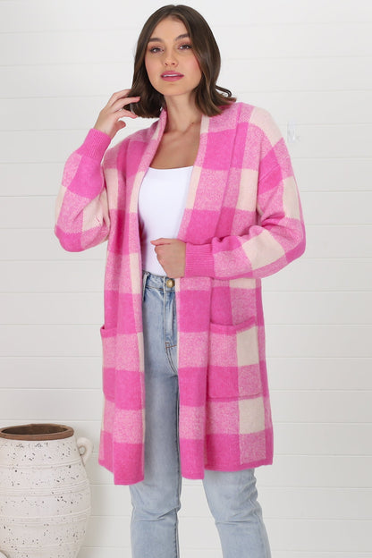Adelen Cardigan - Folded Center Front Checkered Cardigan in Pink