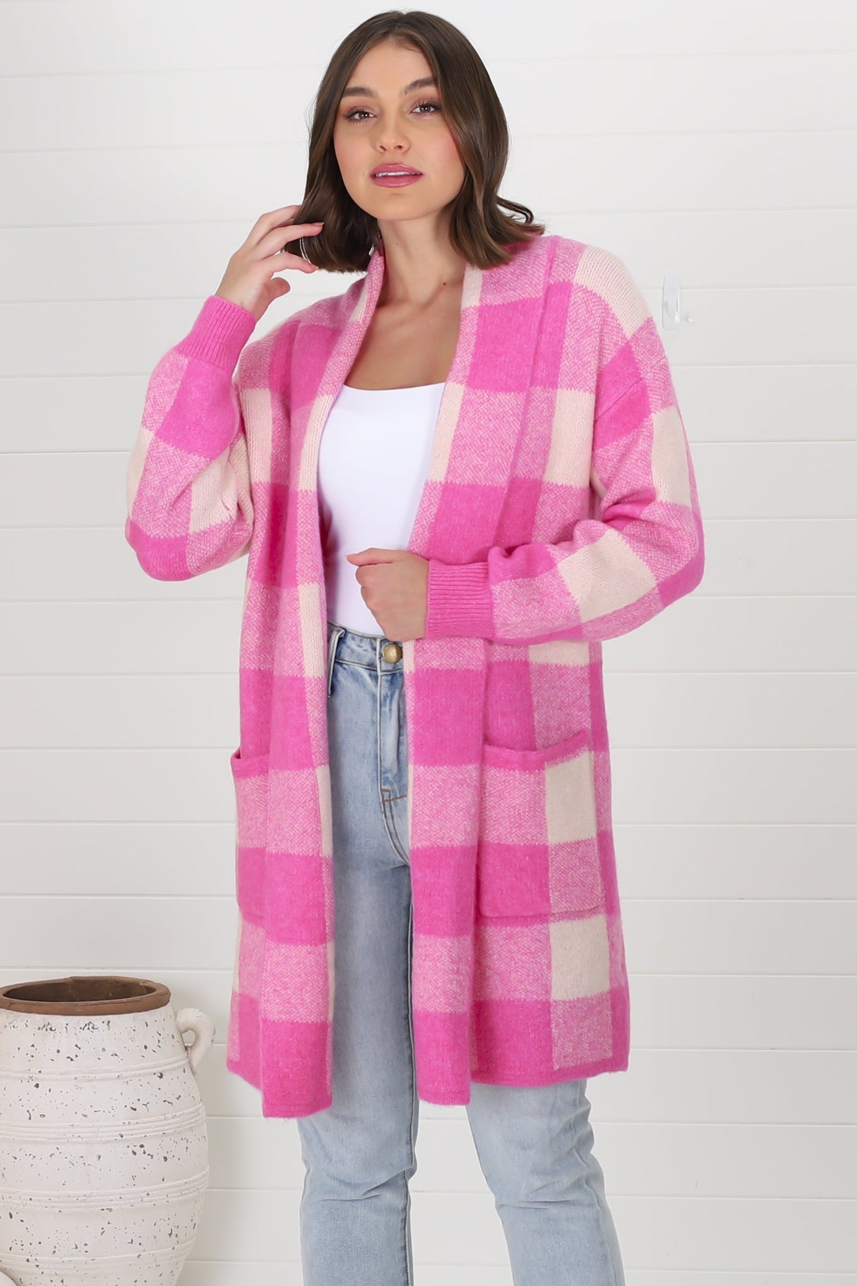 Adelen Cardigan - Folded Center Front Checkered Cardigan in Pink