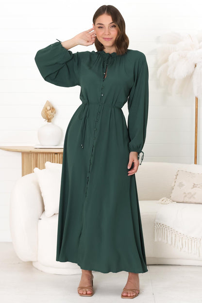 Amelie Maxi Dress - Frill Collar Button Through Dress with Waist Tie in Emerald