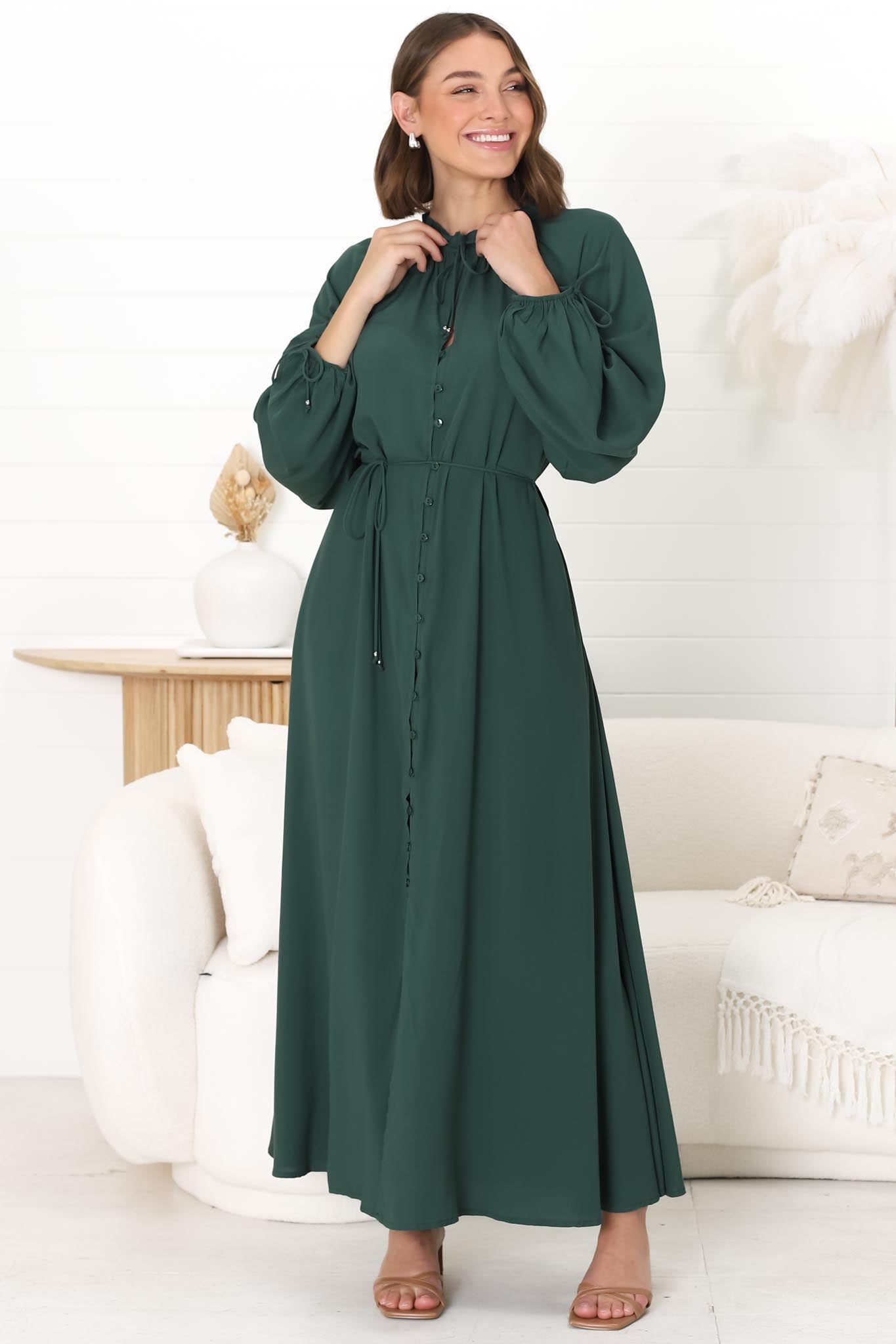 Amelie Maxi Dress - Frill Collar Button Through Dress with Waist Tie in Emerald