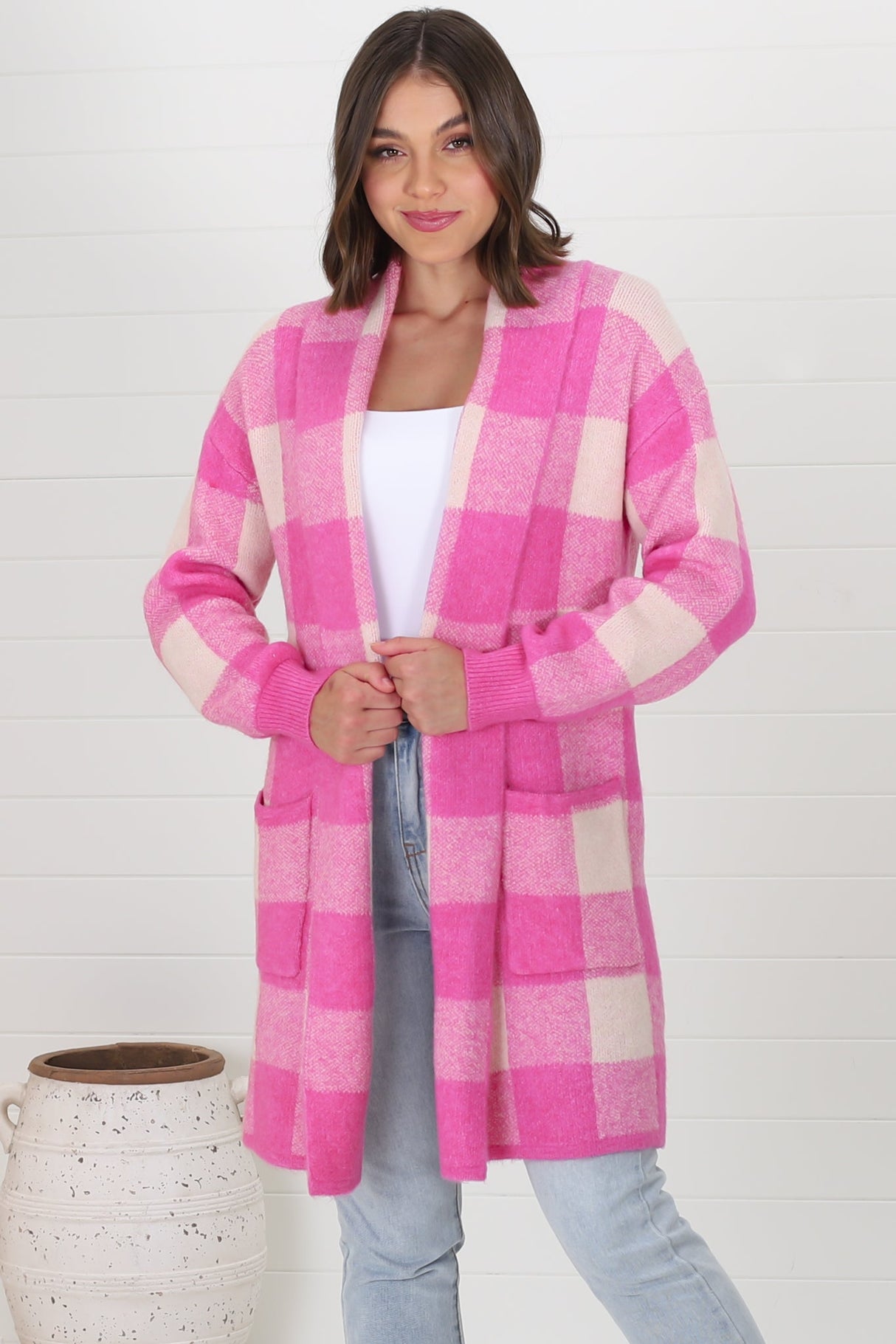 Adelen Cardigan - Folded Center Front Checkered Cardigan in Pink