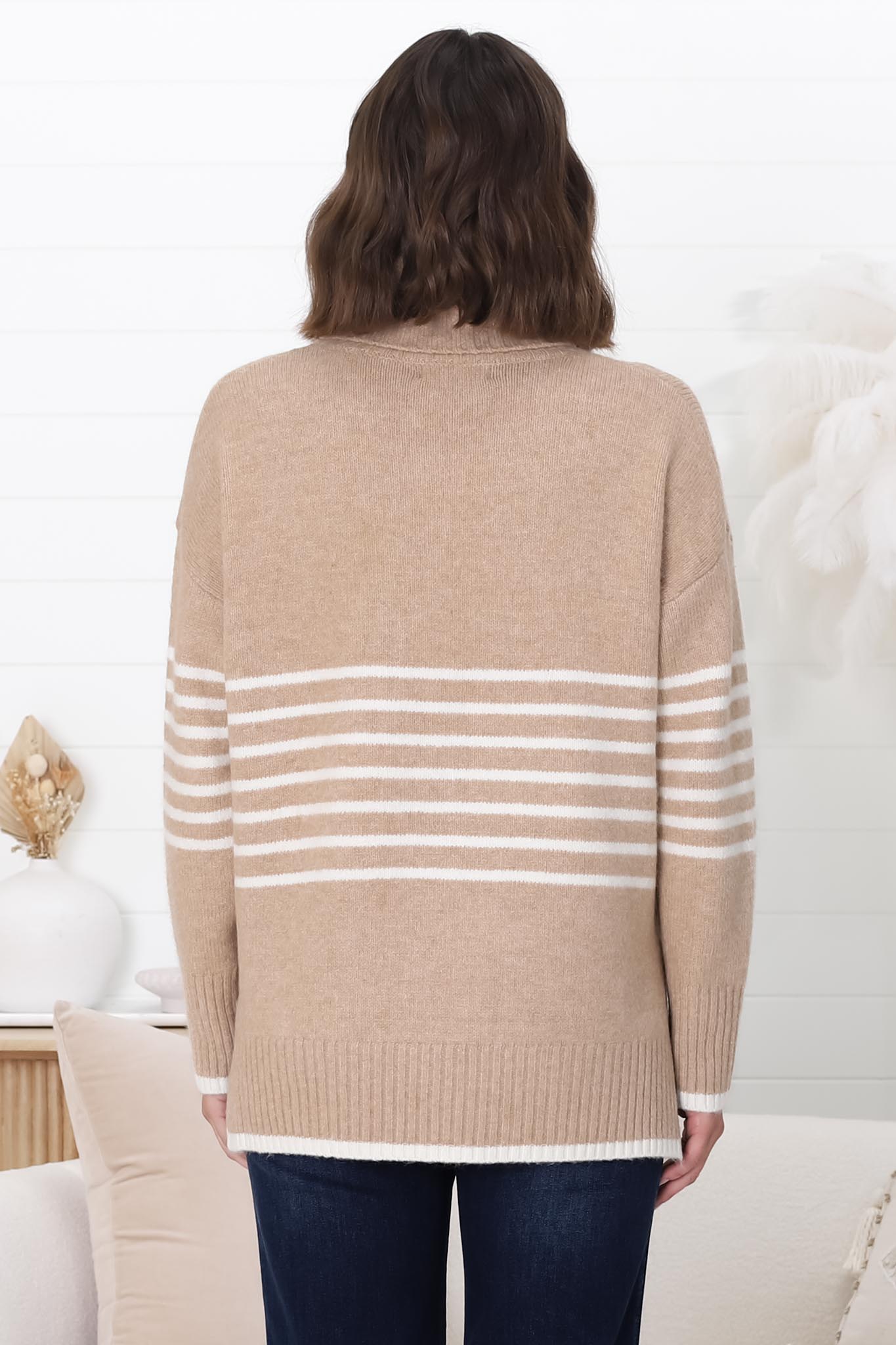 Emmett Jumper - Turtle Neck Stripe Pull Over Jumper with Stripes in Camel