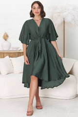 Satina Midi Dress - A Line Dress with Bell Sleeves in Emerald