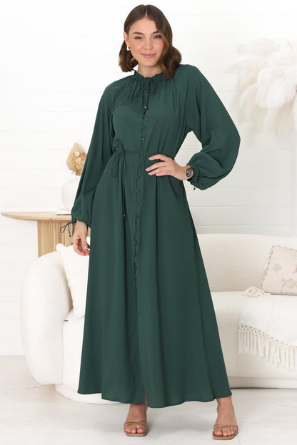 Amelie Maxi Dress - Frill Collar Button Through Dress with Waist Tie in Emerald