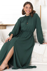 Amelie Maxi Dress - Frill Collar Button Through Dress with Waist Tie in Emerald