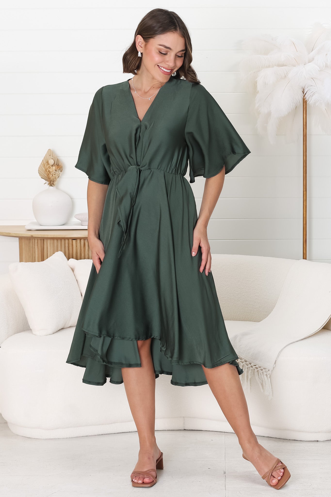 Satina Midi Dress - A Line Dress with Bell Sleeves in Emerald
