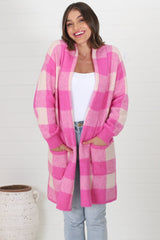 Adelen Cardigan - Folded Center Front Checkered Cardigan in Pink