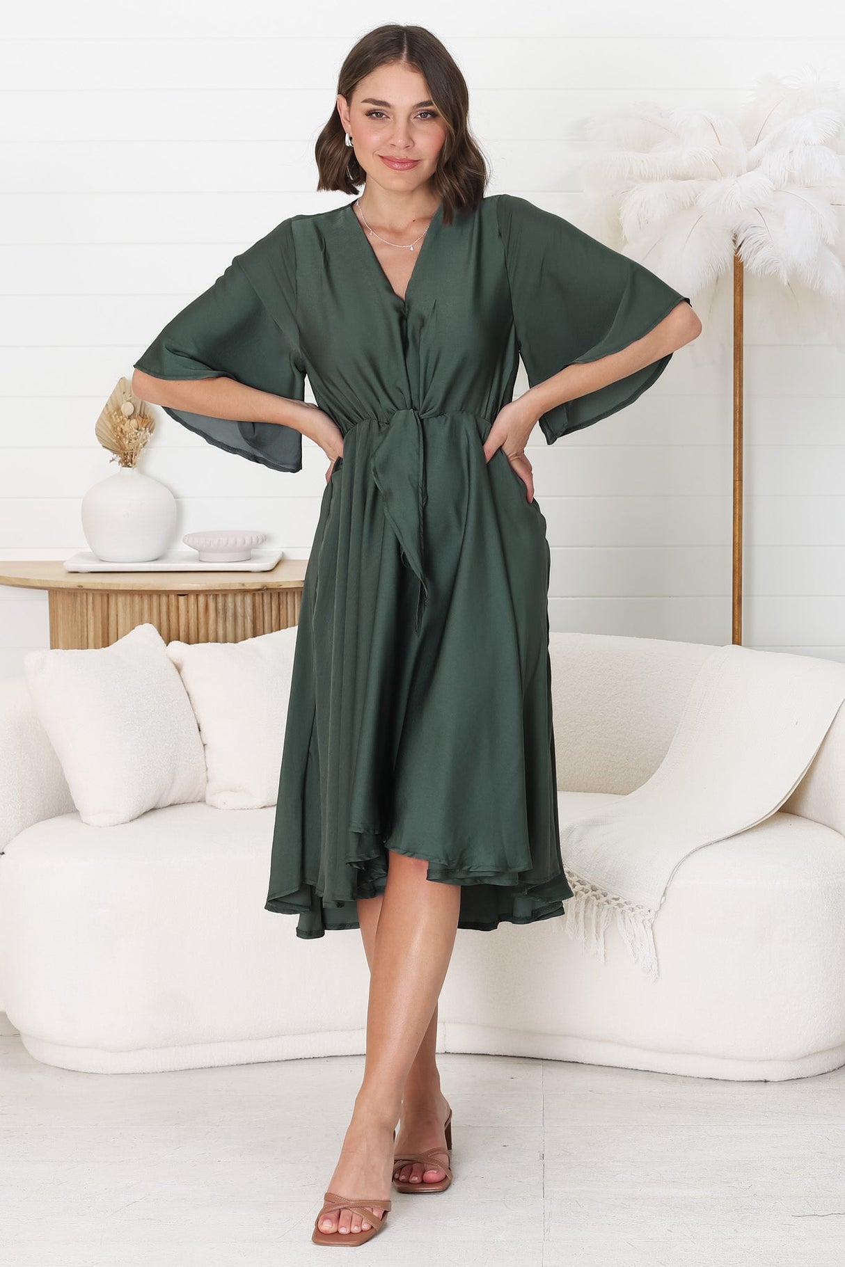 Satina Midi Dress - A Line Dress with Bell Sleeves in Emerald