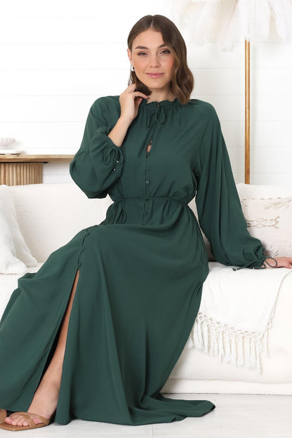 Amelie Maxi Dress - Frill Collar Button Through Dress with Waist Tie in Emerald