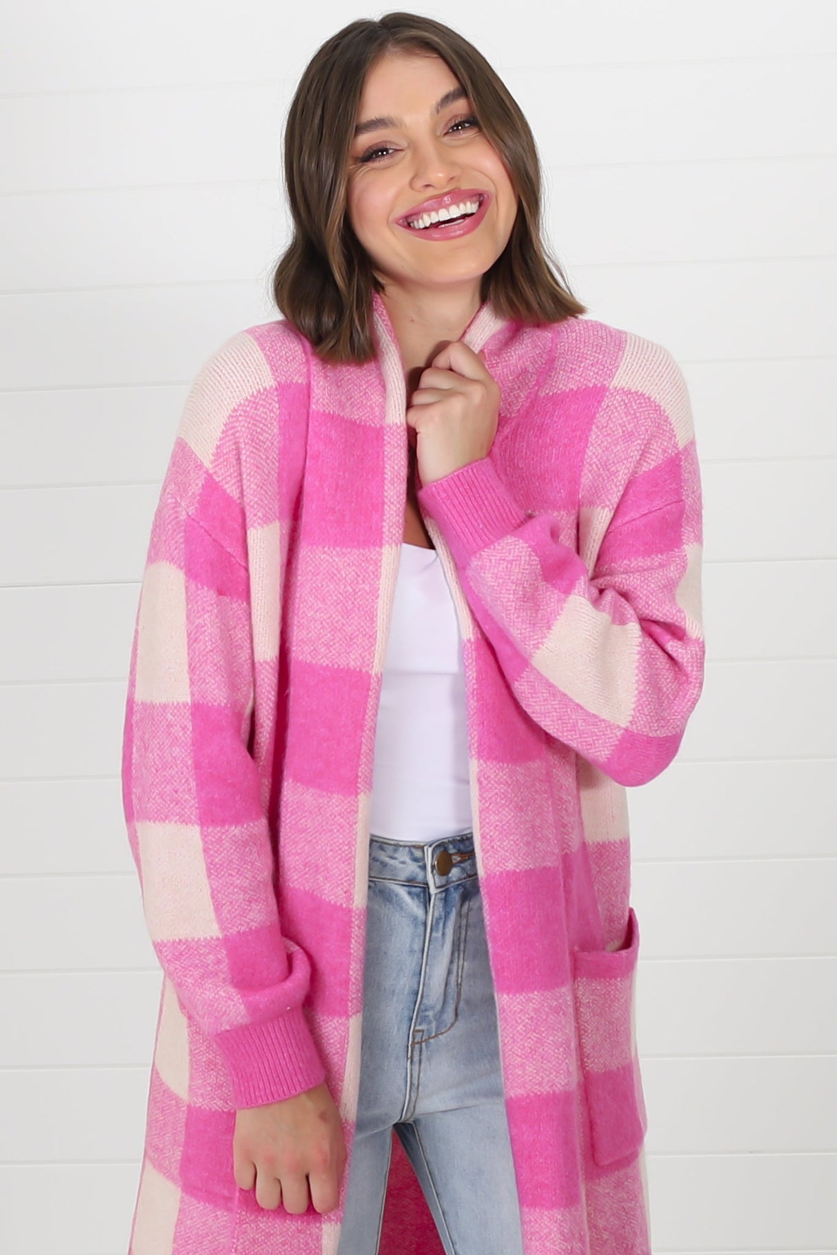 Adelen Cardigan - Folded Center Front Checkered Cardigan in Pink