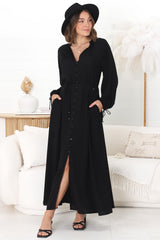 Amelie Maxi Dress - Frill Collar Button Through Dress with Waist Tie in Black