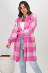 Adelen Cardigan - Folded Center Front Checkered Cardigan in Pink