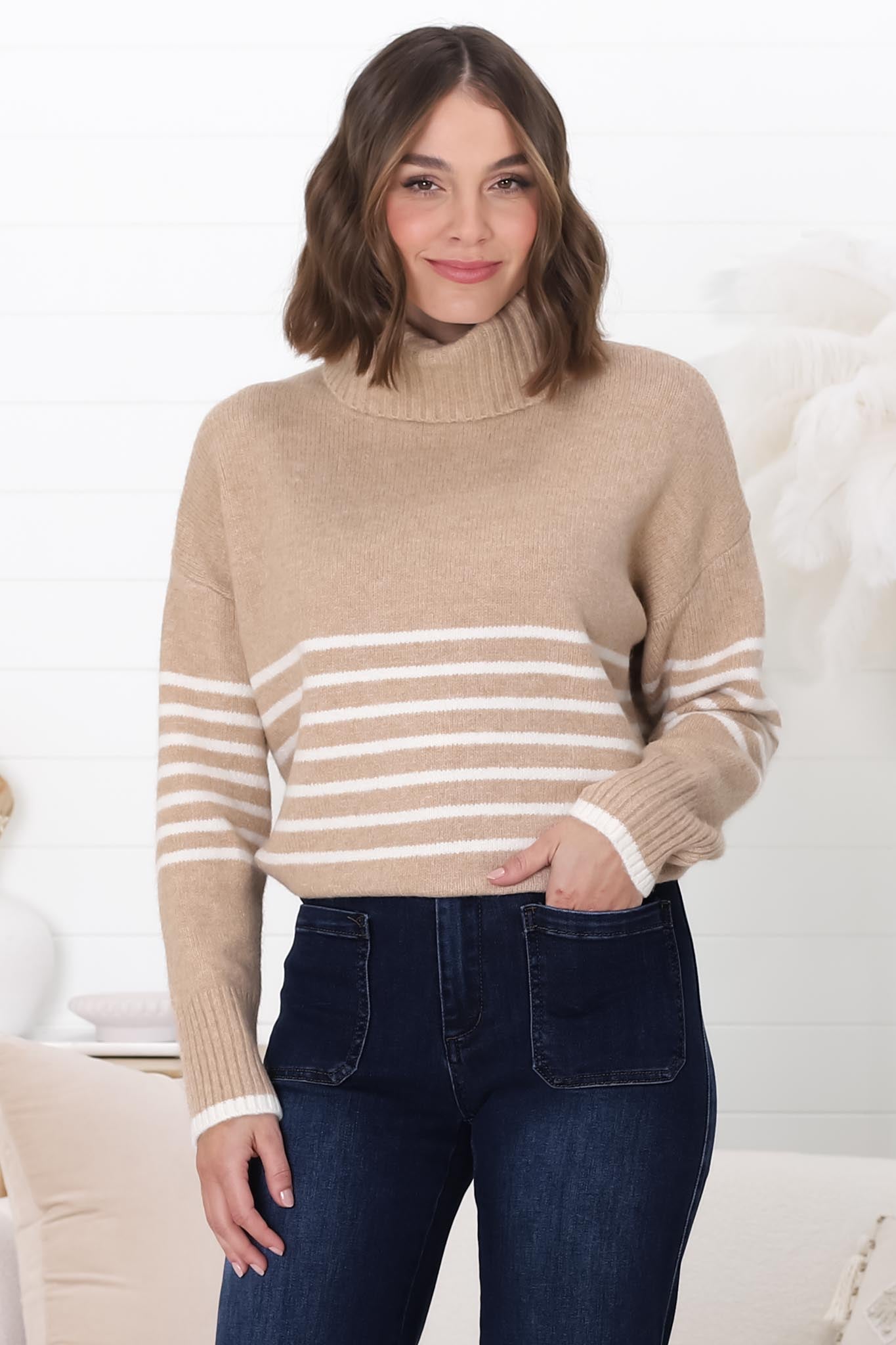 Emmett Jumper - Turtle Neck Stripe Pull Over Jumper with Stripes in Camel