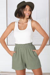 Reggie Shorts - Paperbag Elasticated High Waist Shorts with Pockets in Khaki