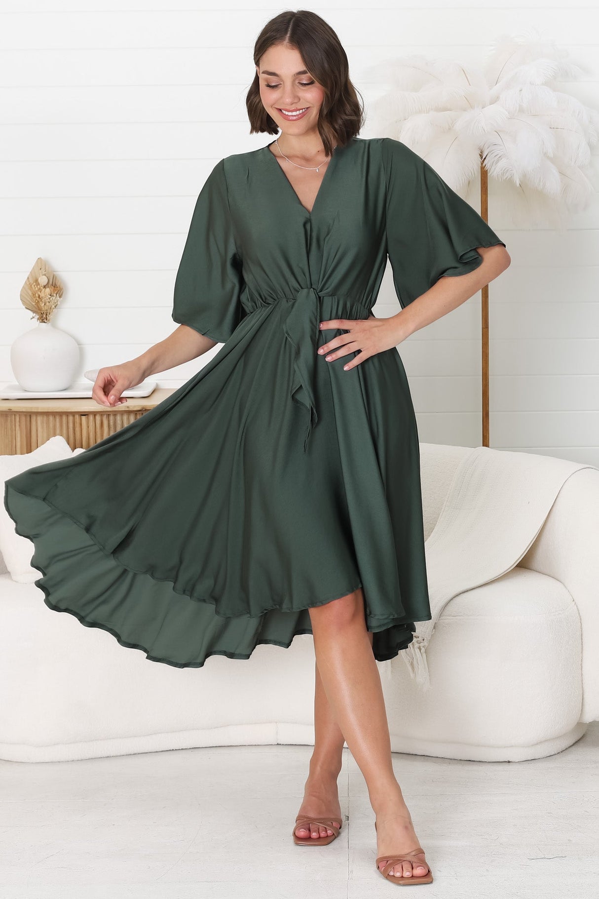 Satina Midi Dress - A Line Dress with Bell Sleeves in Emerald