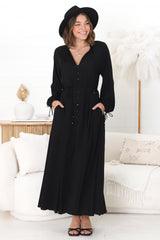 Amelie Maxi Dress - Frill Collar Button Through Dress with Waist Tie in Black