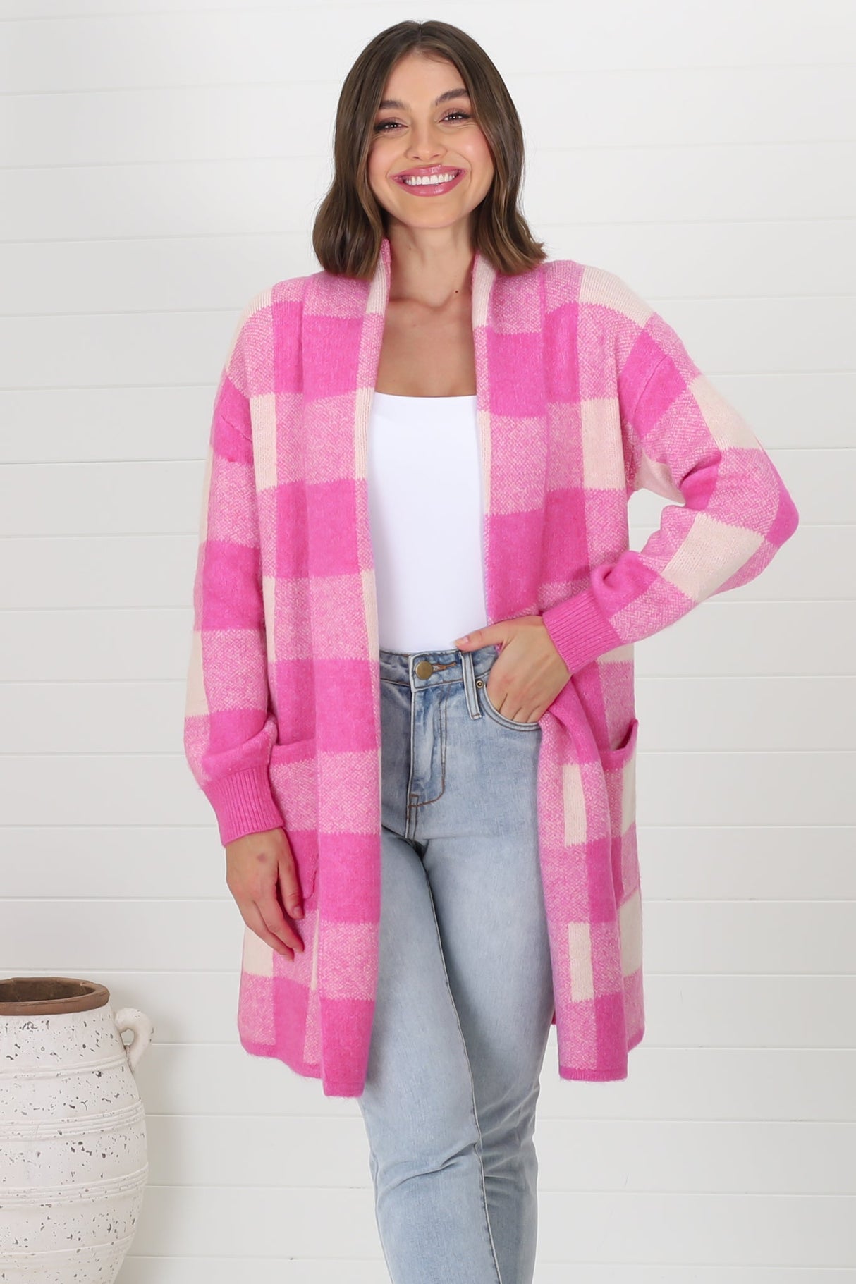 Adelen Cardigan - Folded Center Front Checkered Cardigan in Pink