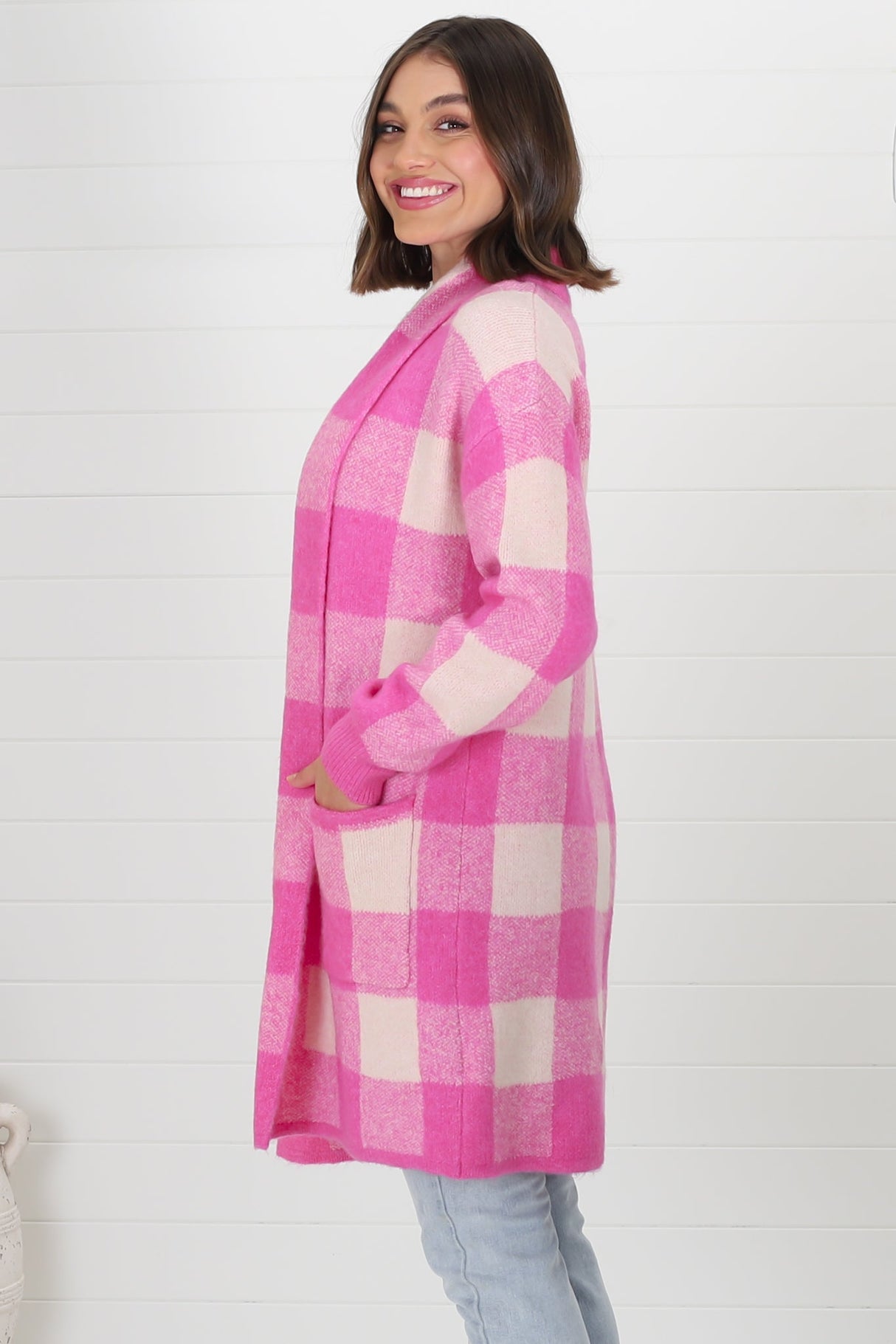 Adelen Cardigan - Folded Center Front Checkered Cardigan in Pink