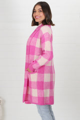 Adelen Cardigan - Folded Center Front Checkered Cardigan in Pink